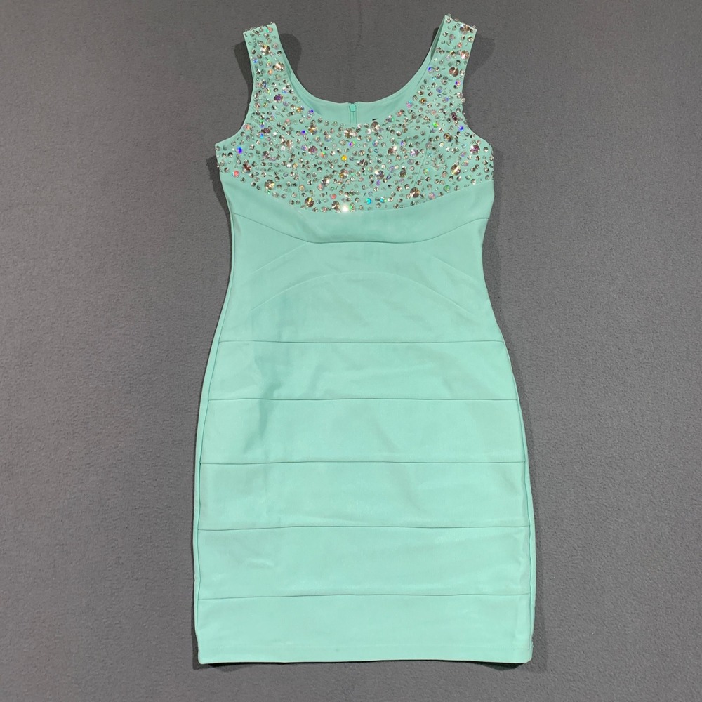 Mermaidcore Deb Womens Mint Green Rhinestone Embellished Bodycon Mini Dress S